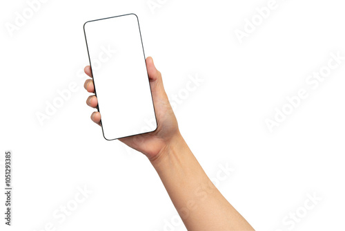 Asian woman holding smartphone in hand with blank screen isolated on white background with clipping path.