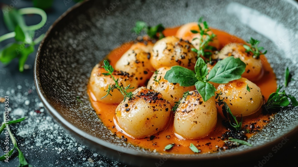 Beautifully Arranged Potato Gnocchi in Elegant Dish Beautifully Arranged Potato Gnocchi in Elegant Dish