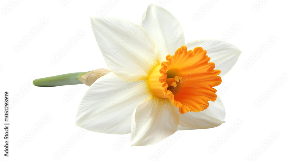 Fototapeta premium A beautiful white daffodil with a vibrant orange center, showcasing delicate petals and a fresh green stem, perfect for botanical illustrations and floral arrangements.