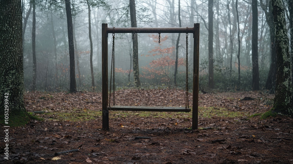 Abandoned Swing in a Foggy Forest Atmosphere