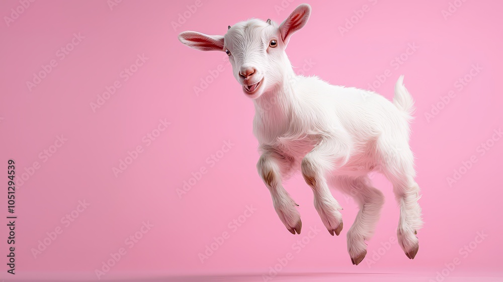 Playful goat leaping against a vibrant pink background Playful goat leaping against a vibrant pink background