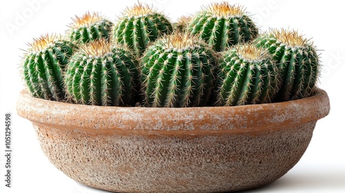 A cluster of green cacti with white and yellow spines in a brown terracotta pot