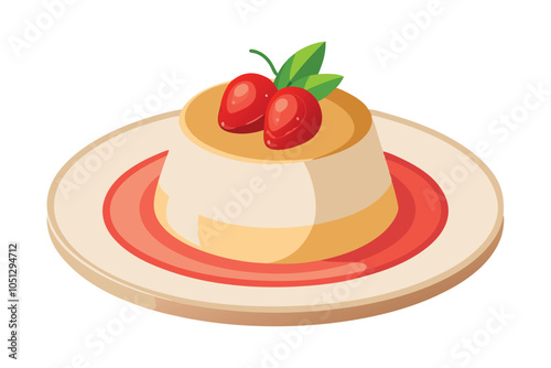 Vanilla Panna Cotta with Strawberry Sauce Icon Creamy Dessert on Plate, Vector Illustration.