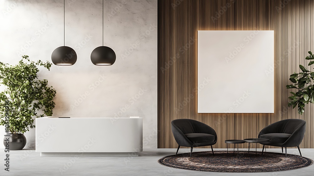 Fototapeta premium Interior of modern hotel lobby with grey and wooden walls design, tiled floor, panoramic window with blurry cityscape, and vertical mock-up poster design 