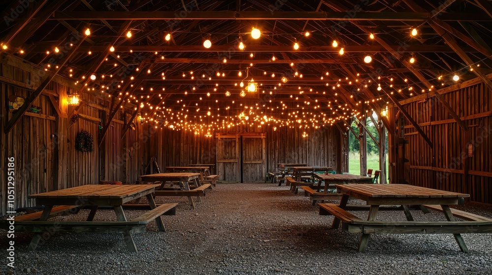 Fototapeta premium Summer Barn Space with Decorative String Lights