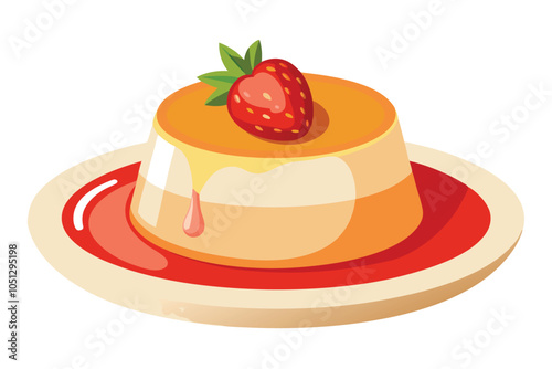 Vanilla Panna Cotta with Strawberry Sauce Icon Creamy Dessert on Plate, Vector Illustration.