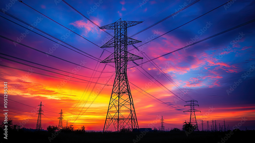 Fototapeta premium At sunrise, the huge high-voltage transmission tower