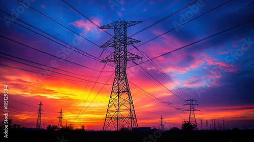 At sunrise, the huge high-voltage transmission tower