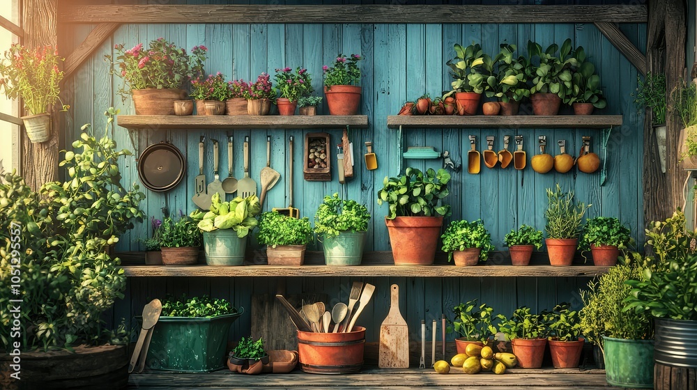 Cozy Kitchen Garden with Fresh Herbs and Vegetables Cozy Kitchen Garden with Fresh Herbs and Vegetables