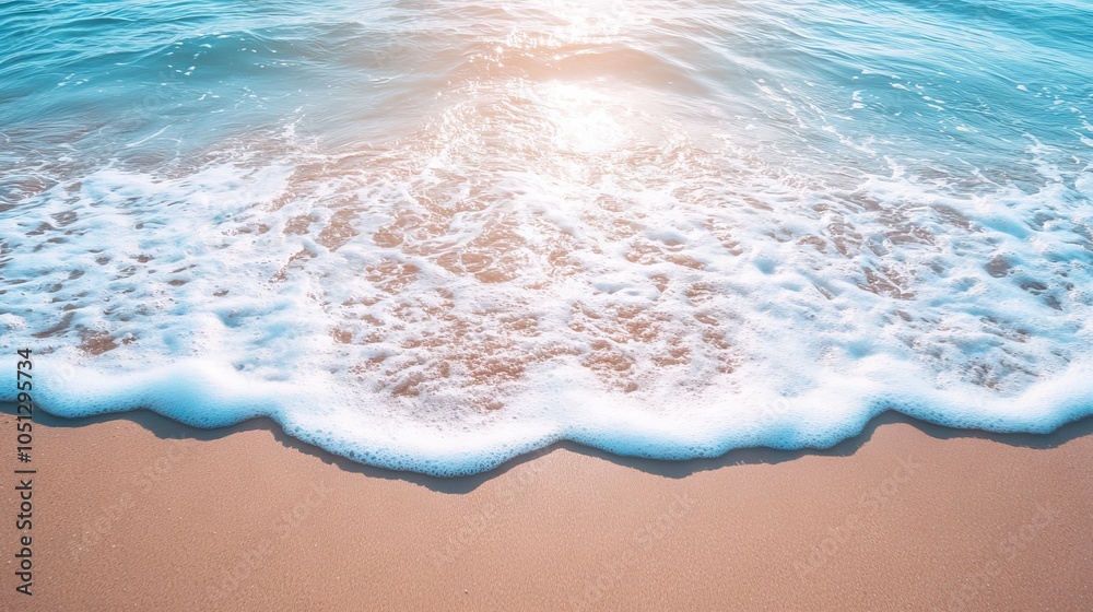 Obraz premium Soft ocean wave gently rolling onto a sandy beach, capturing a peaceful seaside background with clear blue water and golden sand