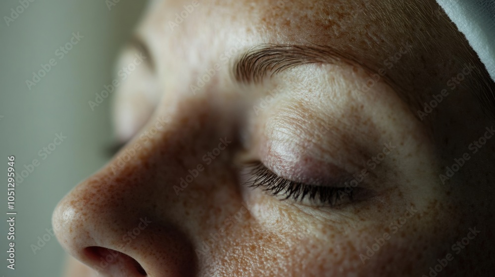 Close-up of a patienta??s eyes, closed in rest, while receiving chemotherapy treatment in a quiet room. Close-up of a patienta??s eyes, closed in rest, while receiving chemotherapy treatment in a quiet room.