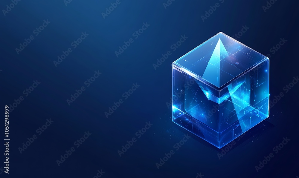  Minimalist isometric cube made of blue glass, blue background design, isosceles triangle in the middle, minimalism design, blue color theme design, illustration, 
