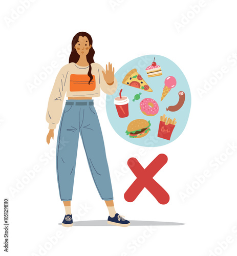Illustration against harmful junk food, girl showing stop sign to unhealthy food and fast food. Vector illustration of health and lifestyle.