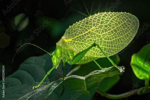 A sunbeam illuminates the intricate lace-like patterns of a green insect on a leaf in nature's splendor photo