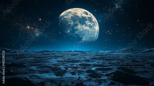 A stunning lunar landscape with a large moon and starry sky, evoking a sense of wonder.