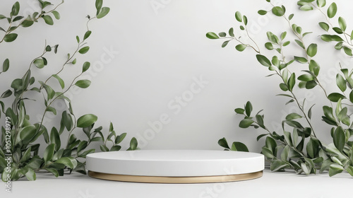 Product display podium with greenery in modern setting