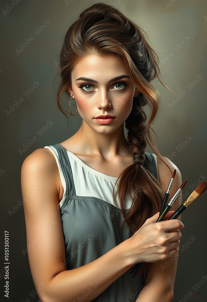 Obraz premium Beautiful Young Artist Holding Paintbrushes Portrait