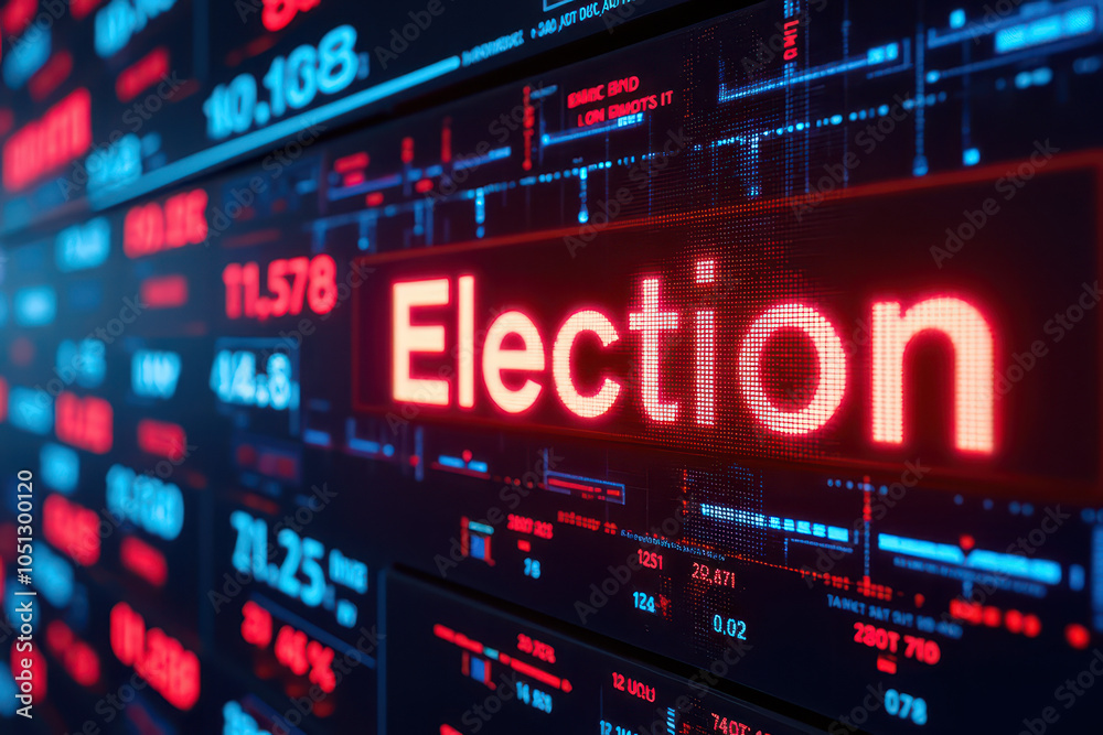 Fototapeta premium Digital display board with scrolling text, modern and electronic style with LED lights. Horizontal layout showing 'Election' in bold red letters.