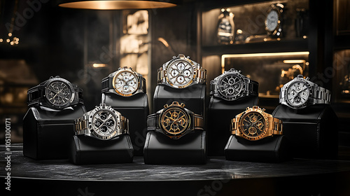 A luxury watch display with various timepieces on black leather pillows, accentuated by silver and gold tones, and carefully lit to enhance the reflective glass and intricate dials of the watches.  photo