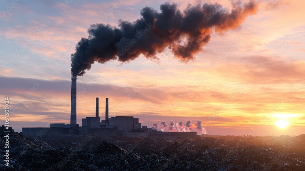 Industrial landscape at sunset with smokestacks emitting pollution Industrial landscape at sunset with smokestacks emitting pollution