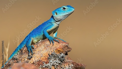 Vibrant blue lizard perched on a rock in nature's splendor photo