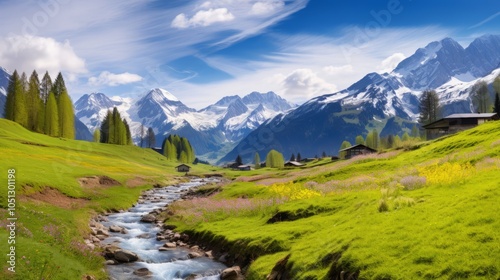 Idyllic alpine landscape with lush green meadows and vibrant spring wildflowers in full bloom, set against majestic snow-capped mountain peaks