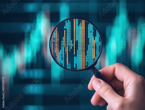Analyzing financial data a hand holding a forensic magnifying glass over a dynamic graph in gigapixel standard resolution