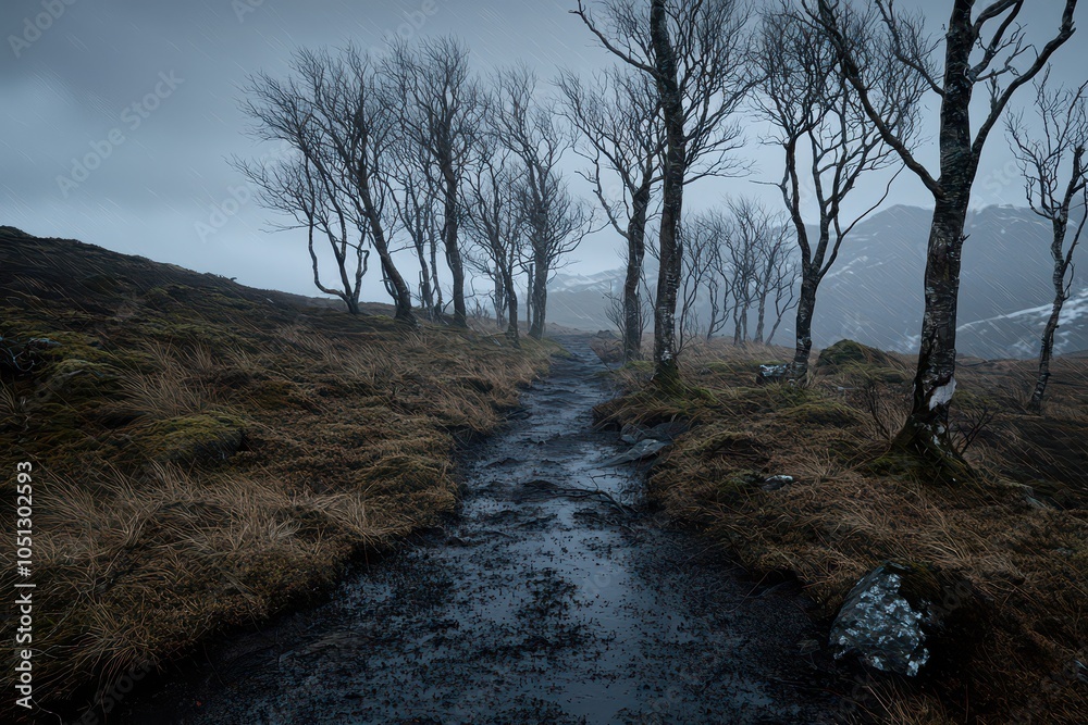 A serene path through a misty forest of barren trees A serene path through a misty forest of barren trees