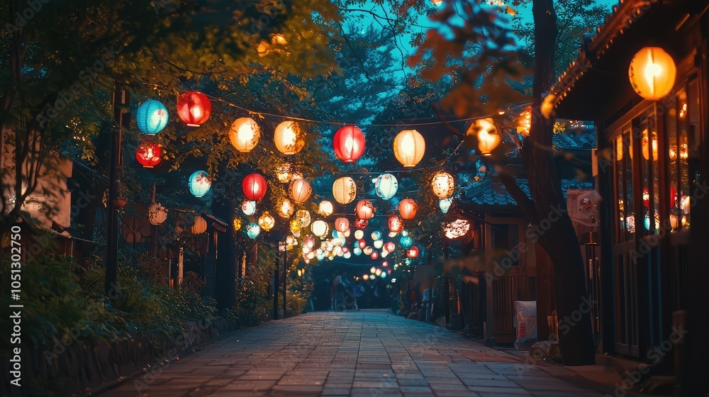 Fototapeta premium Lanterns Light Up a Tranquil Japanese Pathway