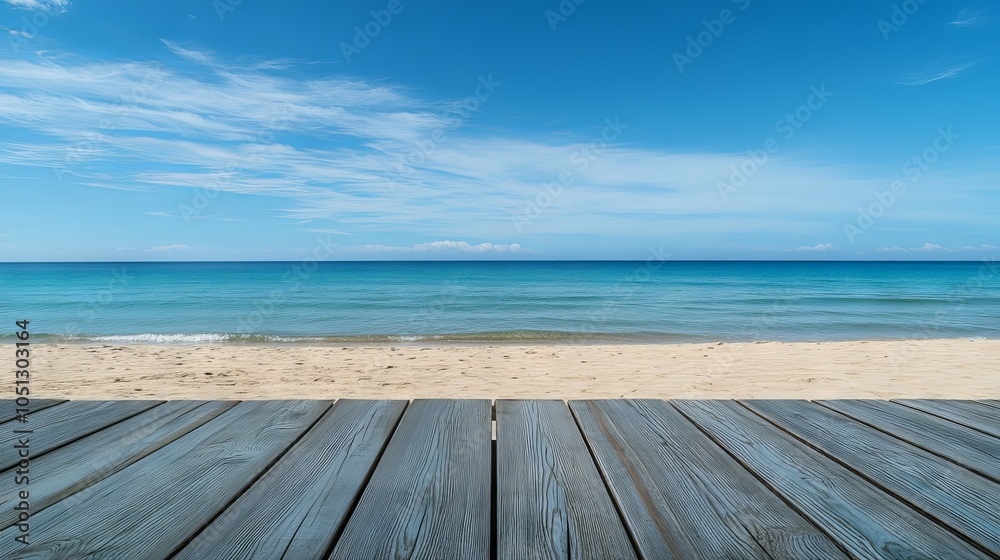 Fototapeta premium Wooden floor or plank on a sandy beach in summer with calm sea and blue sky, perfect for product display and mockups