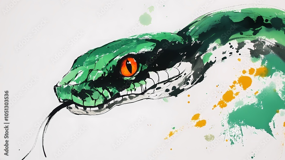 Naklejka premium Traditional Chinese green and white watercolor snake illustration poster background