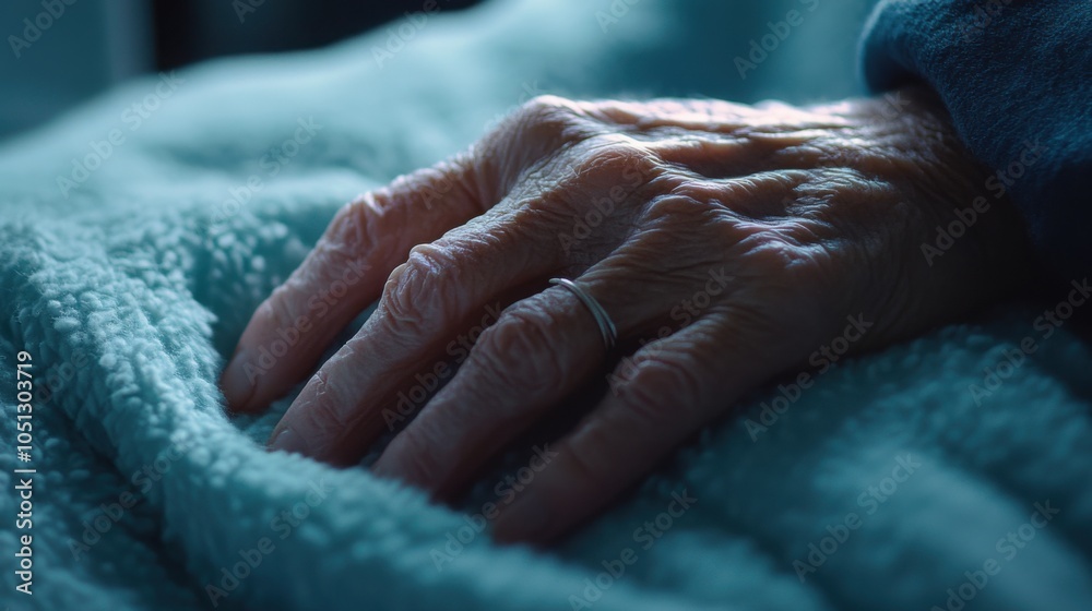 Fototapeta premium Close-up of a patienta??s hand resting on a blanket during chemotherapy, reflecting a sense of calm.