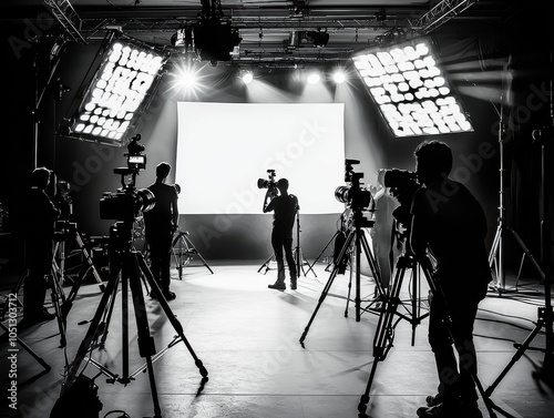 Photographers working in a studio with multiple cameras and bright lighting. photo