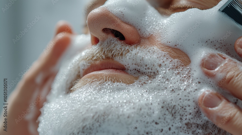 Fototapeta premium Close-up of a man receiving a shaving treatment with rich, foamy lather on his beard.