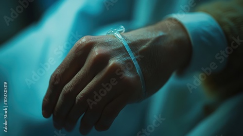 Close-up of a patienta??s hand with an IV line attached during chemotherapy, emphasizing the connection to the treatment photo