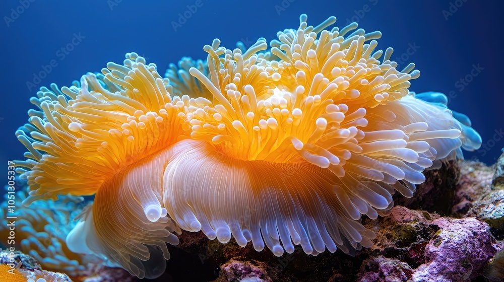 A close-up of a bright orange and white sea anemone in a blue-green aquarium. A close-up of a bright orange and white sea anemone in a blue-green aquarium.