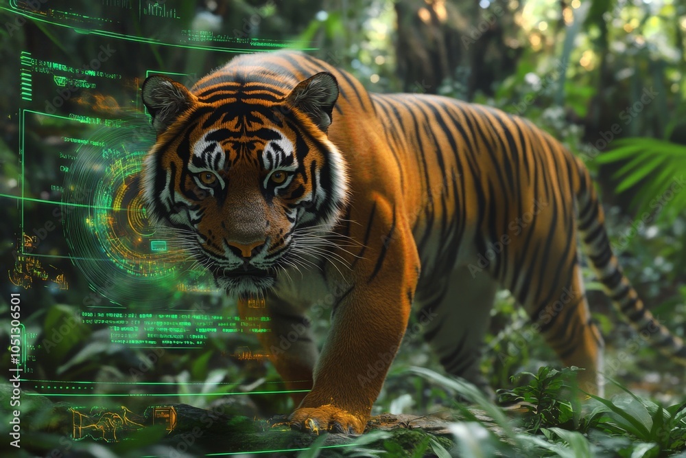 Obraz premium Tiger in Dense Forest with Surreal, Futuristic Lighting Accents