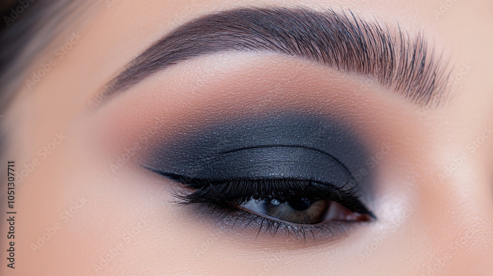 Naklejka premium Elegant close-up of a dramatic eye makeup look featuring dark shades and a perfect winged eyeliner.