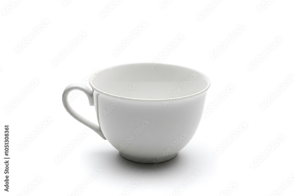 A simple white teacup with a handle on a white background. A simple white teacup with a handle on a white background.