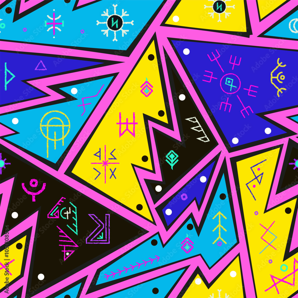 Fototapeta premium Neon tribal geometrics eamless pattern