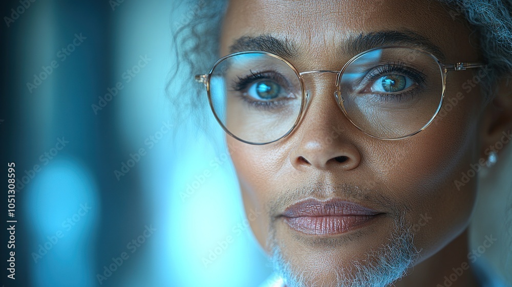 Close-up portrait of an older woman with glasses and thoughtful expression. Close-up portrait of an older woman with glasses and thoughtful expression.