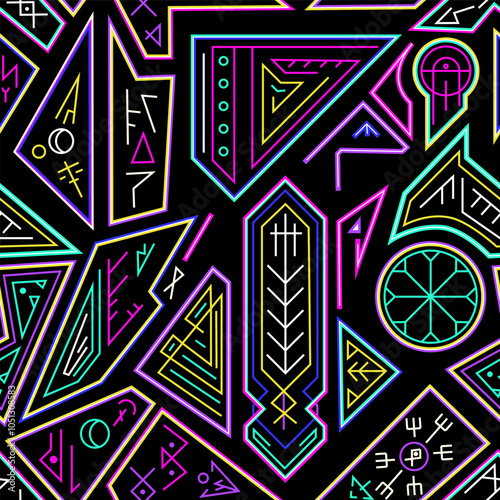 Electric Tribal Runes. Seamless pattern.