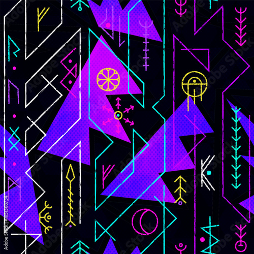 Purple geometric runes. Seamless pattern