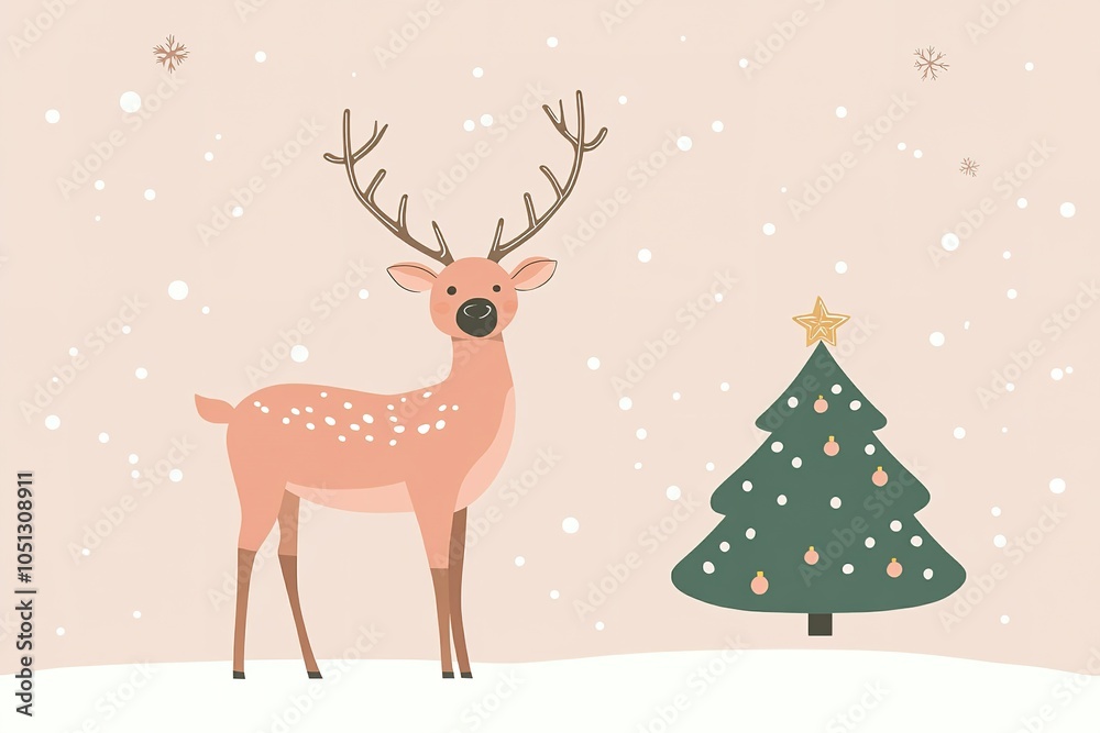 Flat-styled reindeer and Christmas tree with snowflakes. Flat-styled reindeer and Christmas tree with snowflakes.