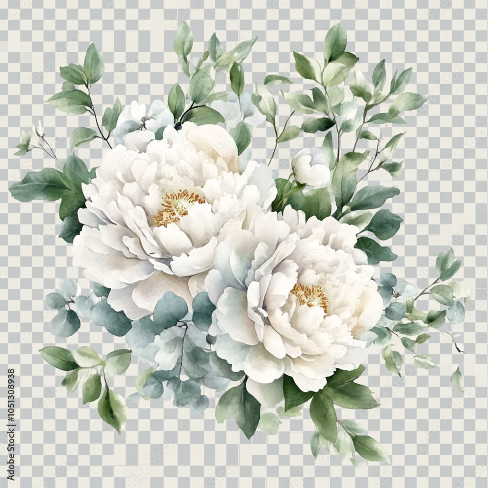 White peonies and eucalyptus leaves, wedding arrangement, watercolor on transparent background,Generative AI White peonies and eucalyptus leaves, wedding arrangement, watercolor on transparent background,Generative AI