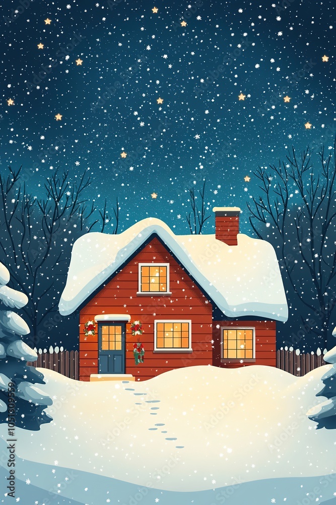 Fototapeta premium Cozy snow-covered cabin in forest under starry sky