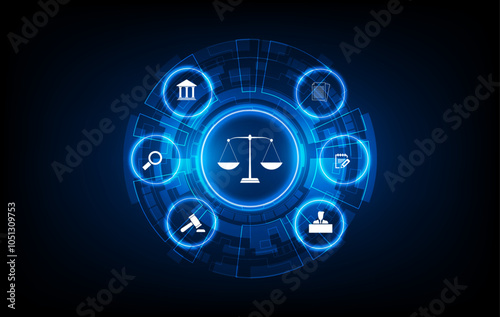 Digital Justice and Law Icons Set with Scales, Gavel, Document, and Court Symbols