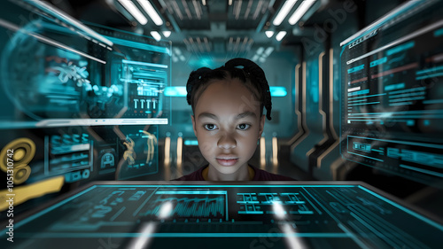 Young black girl in futuristic learning or space scene with blue holographic images projected on screens and walls of room. STEM learning concept.