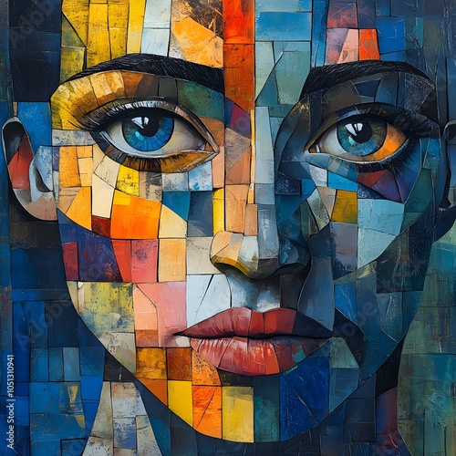 Abstract Cubist Portrait with Vibrant Geometric Patterns"This eye-catching AI-generated artwork showcases a modern interpretation of Cubism, blending vibrant colors and geometric shapes. 