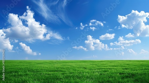 Beautiful blue sky with white clouds over a green grassy meadow landscape background